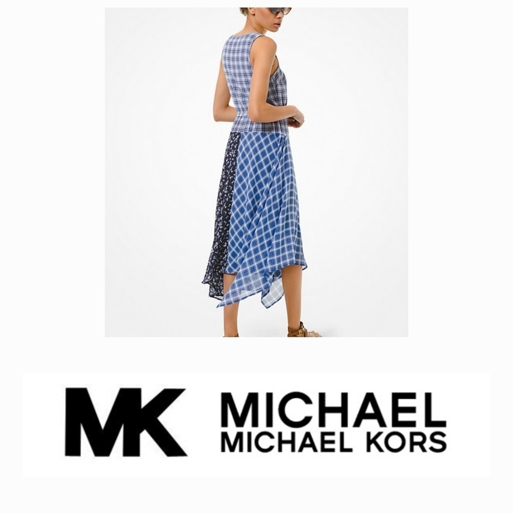 NEW Michael Kors Mixed Plaid Georgette Dress Belt Handkerchief Semi Sheer XS